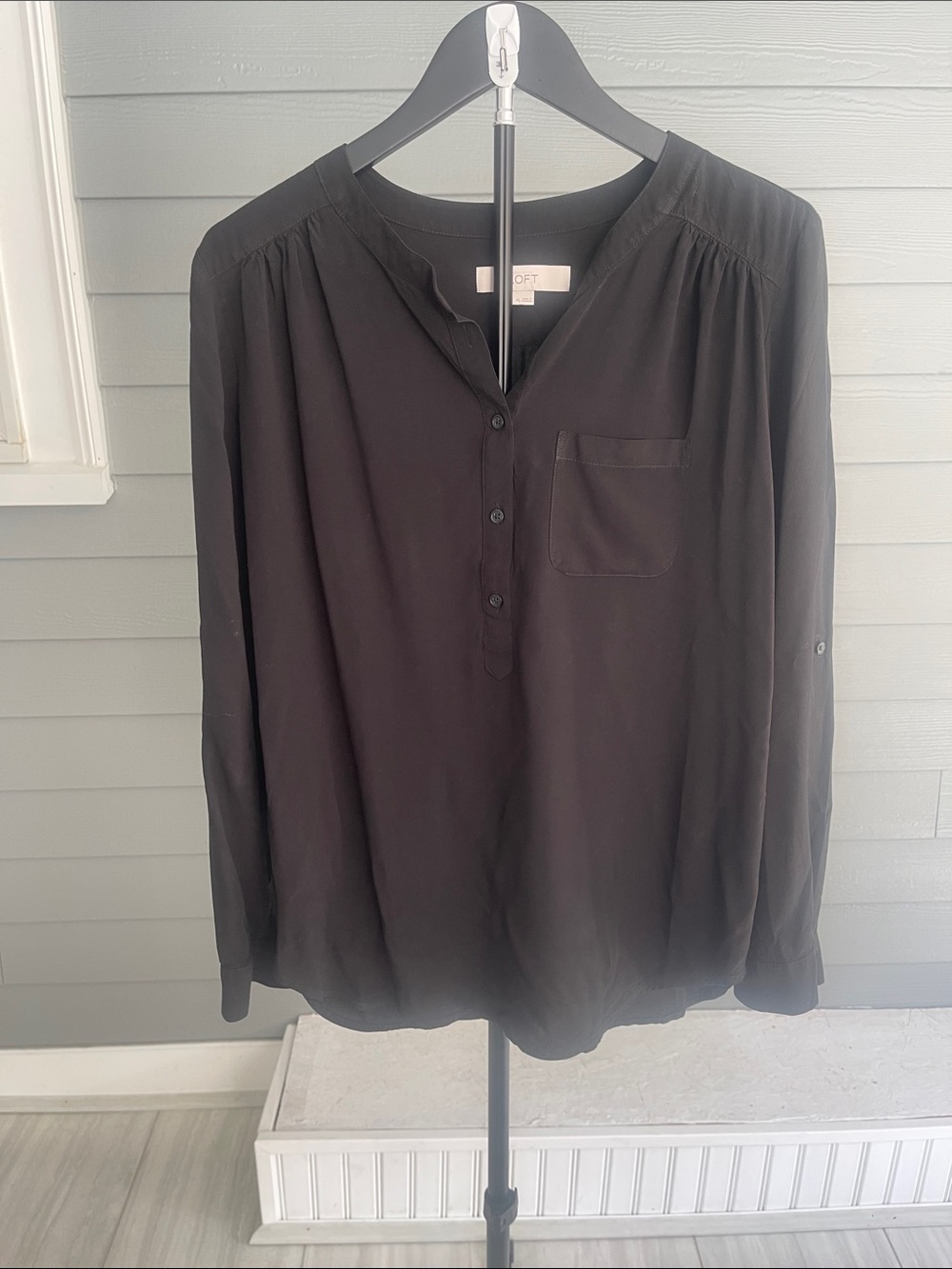 LOFT Black Long-Sleeve Button Henley Blouse Size M